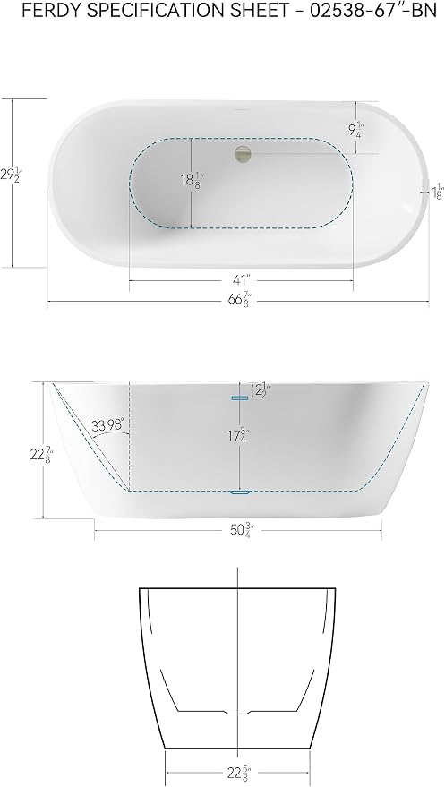 FerdY 67" Bali Acrylic Freestanding Bathtub, Gracefully Shaped Freestanding - Image 4
