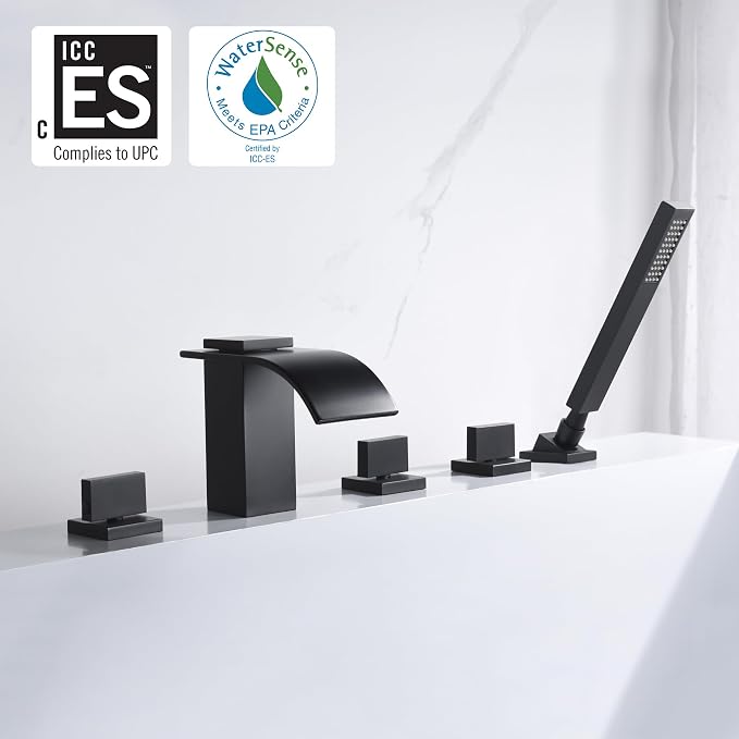 Waterfall Roman Tub Faucet Matte Black Deck Mount Bath Tub Filler - Image 2