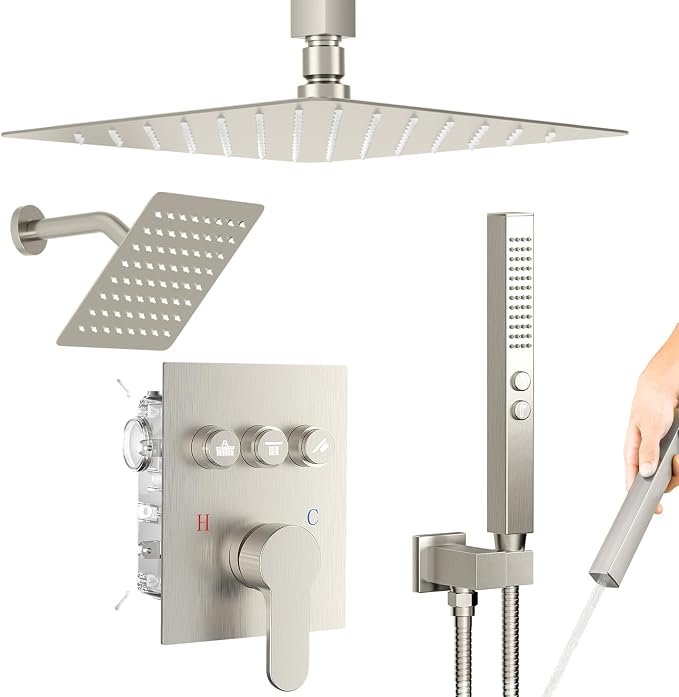 Shower Faucet Set Brushed Nickel Shower System, STARBATH 12+8" Rainfall Shower by STARBATH