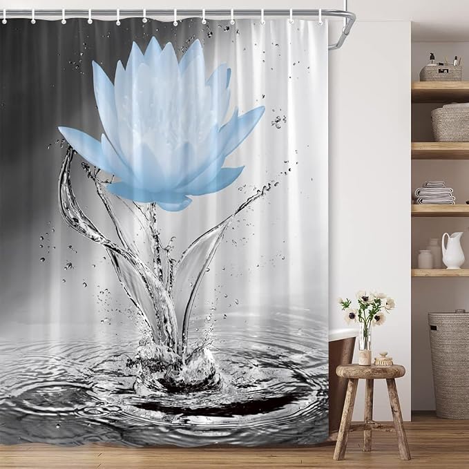 Lotus Shower Curtain Black White Grey Blue Flower Elegant Blooming Floral - Image 4