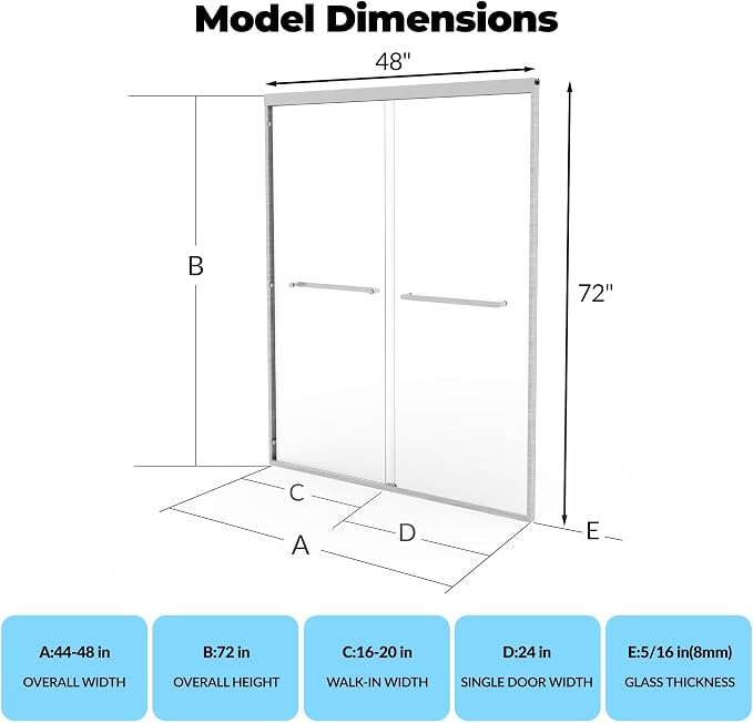 44-48" W x 72" H Sliding Shower Door, Aluminum Alloy Frame, Dual 8mm Tempered - Image 2