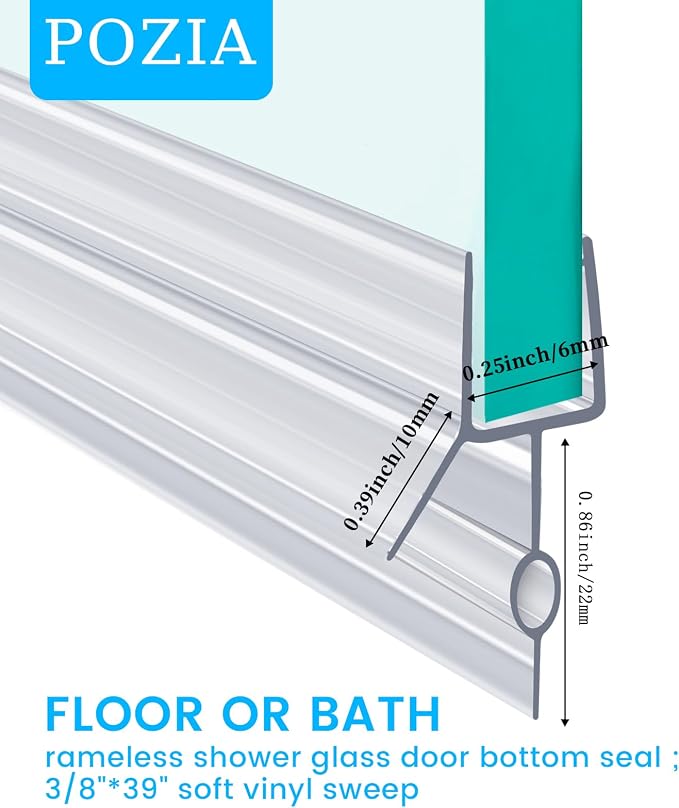 POZIA Clear Frameless Glass Shower Door Bottom Seal | Shower Door Sweep - Image 2