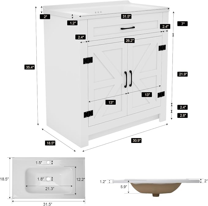 32inch Bathroom Sink Vanity Combo, Small Freestanding Single Bath Vanity Sink - Image 2