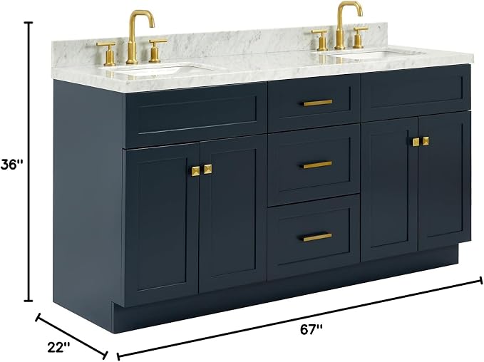 ARIEL Hamlet 67" Midnight Blue Double Vanity, 1.5" Edge Italian Carrara Marble - Image 3