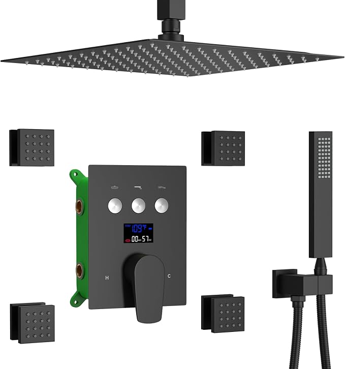 Temperature Display Shower Faucet Set Matte Black Shower System by KATAIS