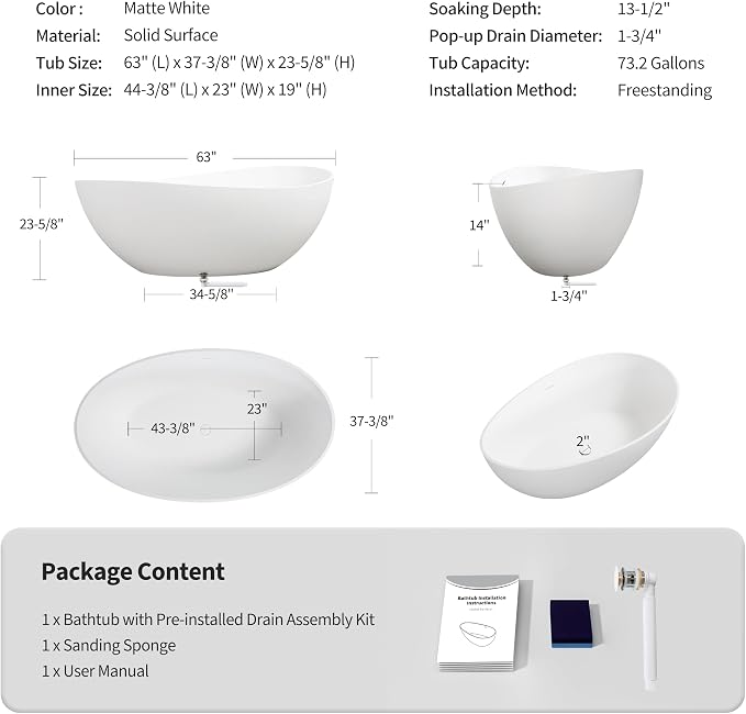 Abruzzo 63" Matte White Freestanding Solid Surface Bathtub - Image 4