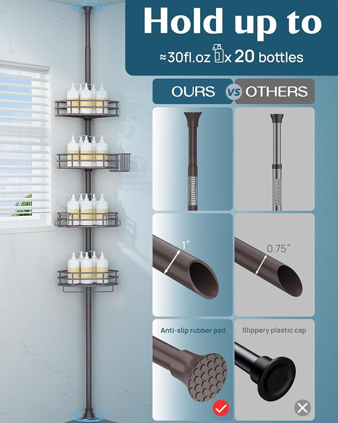 SEIRIONE Corner Shower Caddy Tension Pole, Adjustable Shower Organizer Corner - Image 6