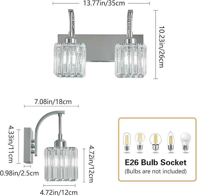 Crystal Vanity Lights 2-Light Chrome Wall Lamp Modern Crystal Bathroom Light - Image 4