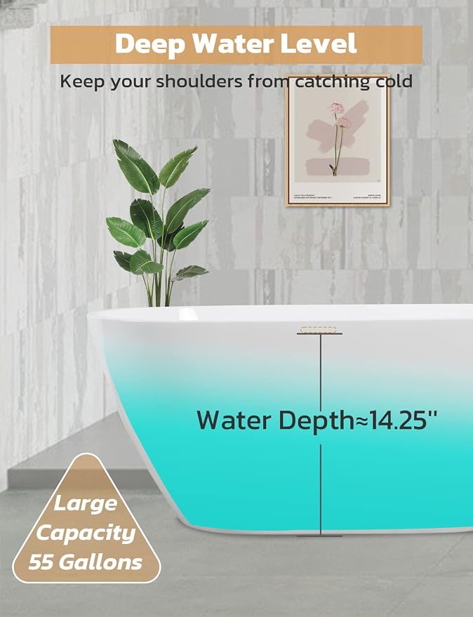 Acrylic Bathtub 59 Inch, Freestanding Deep Soaking Bath Tub - Image 5