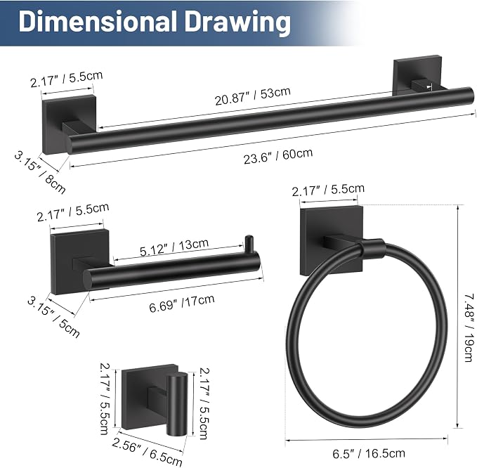 TURS Matte Black 5-Pieces Bathroom Hardware Set SUS304 Stainless Steel Towel - Image 7