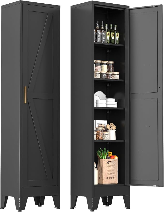 Narrow Metal Cabinet with 4 Adjustable Shelves and Barn Doors, Tall Bathroom by MetalStorageCabient