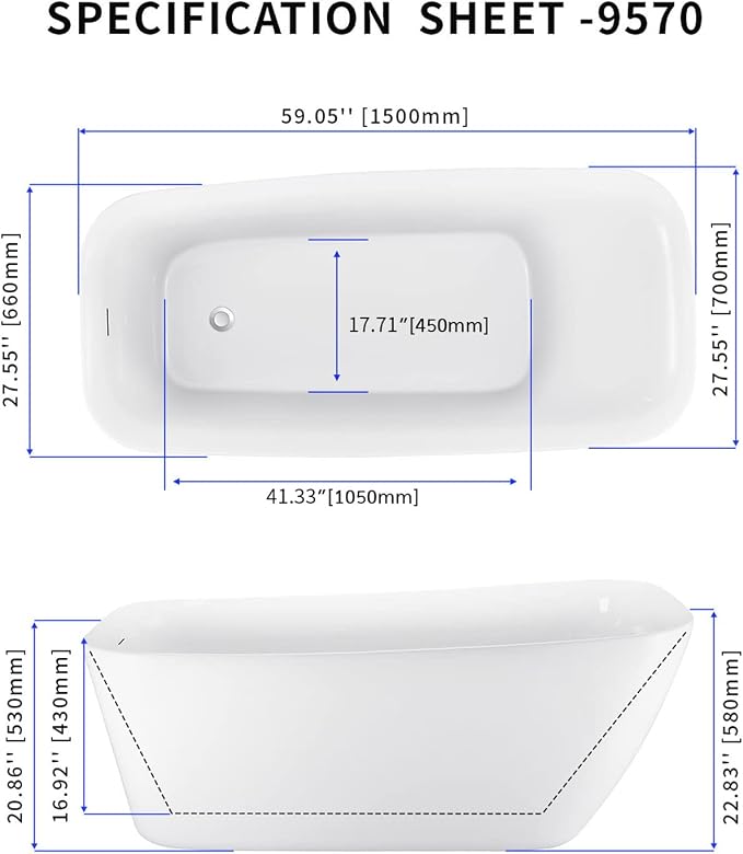 59" Acrylic Freestanding Bathtub, Single Slipper Free Standing Tub, Soaking Tub - Image 6