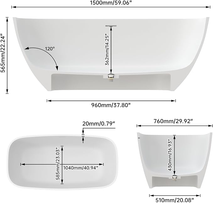 59'' Freestanding Bathtub Resin Stone Deep Soaking Tubs Solid Surface Matte Tub - Image 3