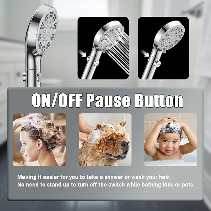 High Pressure Shower Head with ON/Off Pause Switch Button, 5 Mode Handheld - Image 4