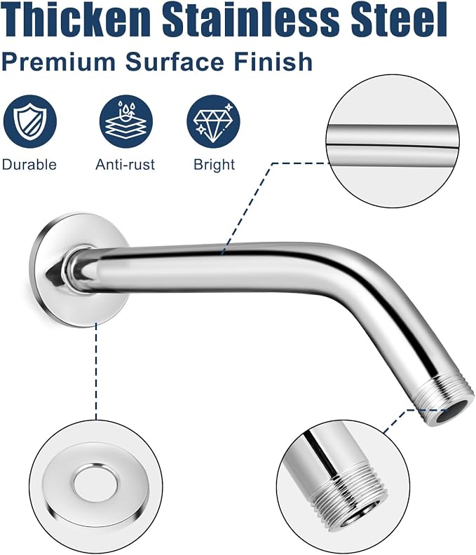 Shower Arm with Flange, 8 Inch Chrome Shower Pipe, Wall Mount Replacement Angle - Image 4