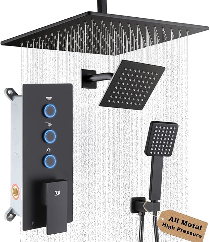 POP SANITARYWARE Matte Black Shower Faucet Set Bathroom Rainfall Shower System by POPSANITARYWARE