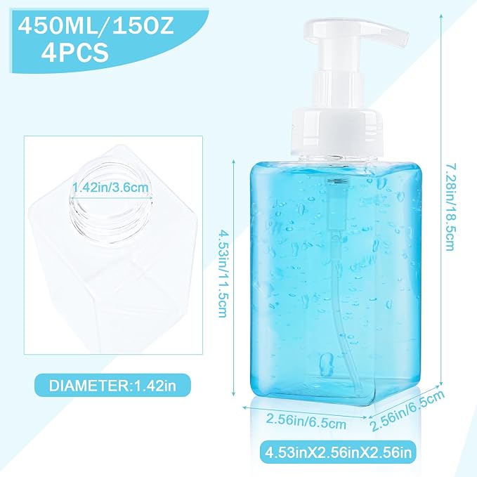 Foaming Soap Dispenser 15oz/450ml Clear Empty Foam Soap Dispensers, Square - Image 2