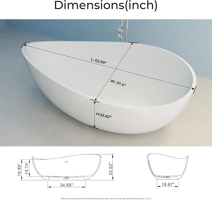 Premium Upgraded 63" Solid Surface Freestanding Bathtub, Unique Oval Stone - Image 5