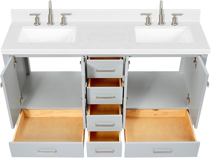 ARIEL Cambridge 60 Inch Grey Bathroom Vanity Double Sink, Solid Wood, Carrara - Image 6