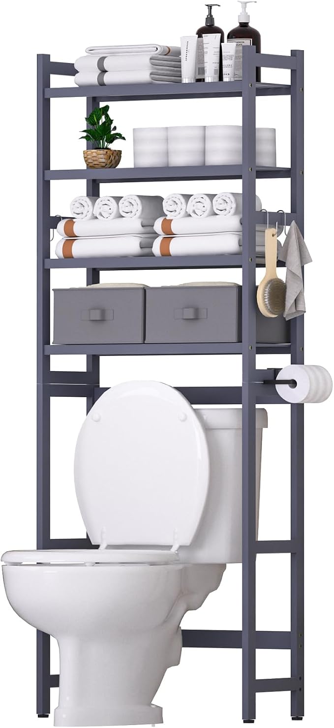 Over The Toilet Storage with 2 Baskets, 4-Tier Bamboo Organizer Rack with Paper by Cozivolife