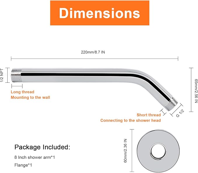 HarJue Shower Arm with Flange and Teflon Tape, Wall Mounted Shower Pipe 304 - Image 2