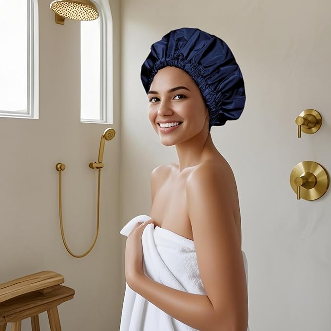 Reusable Shower Cap for Women, Large Waterproof Shower Bonnet Washable Elastic - Image 4