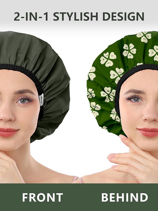 Years Calm Shower Caps For Women Reusable Waterproof，Pattern And Solid Color - Image 2