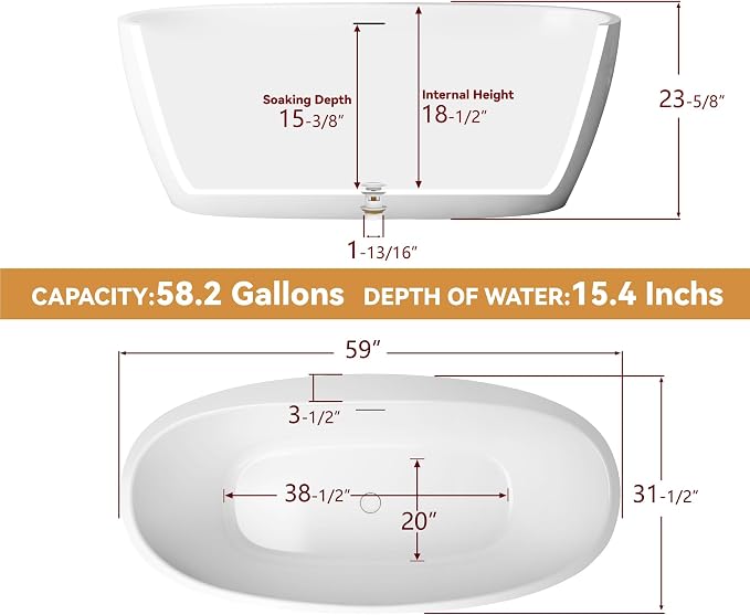 59" Free Standing Tub, Pure Acrylic Freestanding Bathtub, Stylish Stand Alone - Image 7