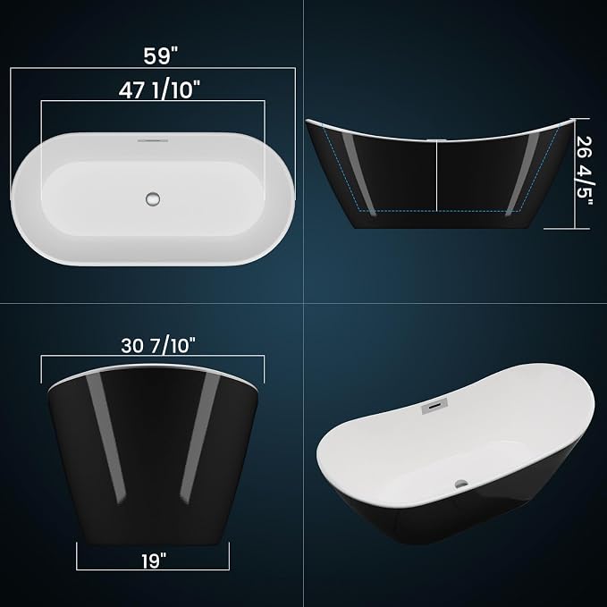 Freestanding Bathtubs 59 inch Black and White Acrylic Free Standing Soaking Tub - Image 2