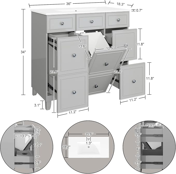 YOURLITE 36" Bathroom Vanity, Painted Surface Solid Wood Frame Bathroom Vanities - Image 2