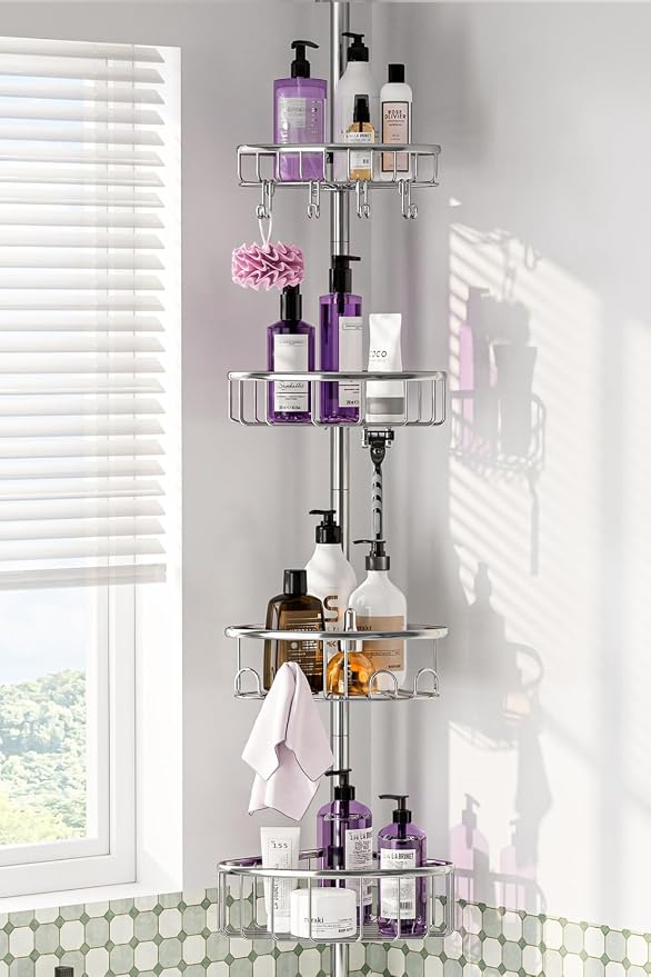 Corner Shower Caddy Tension Pole: Stainless Steel Rustproof 4-Tier Shower by ESSEMELLC