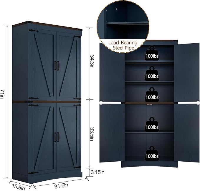 71" Tall Kitchen Pantry, Farmhouse Storage Cabinet - Image 2