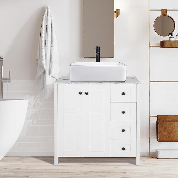 32" White Bathroom Vanity with Marble Texture Top and 4 Drawers, Modern by Solidee