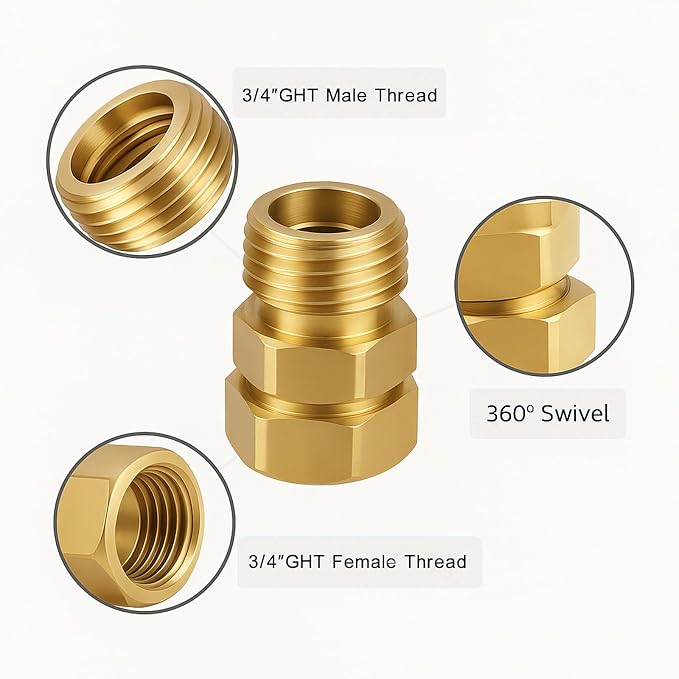 Garden Hose Swivel Connector, 3/4" GHT Brass Swivel Hose Connector, 360° Male - Image 4
