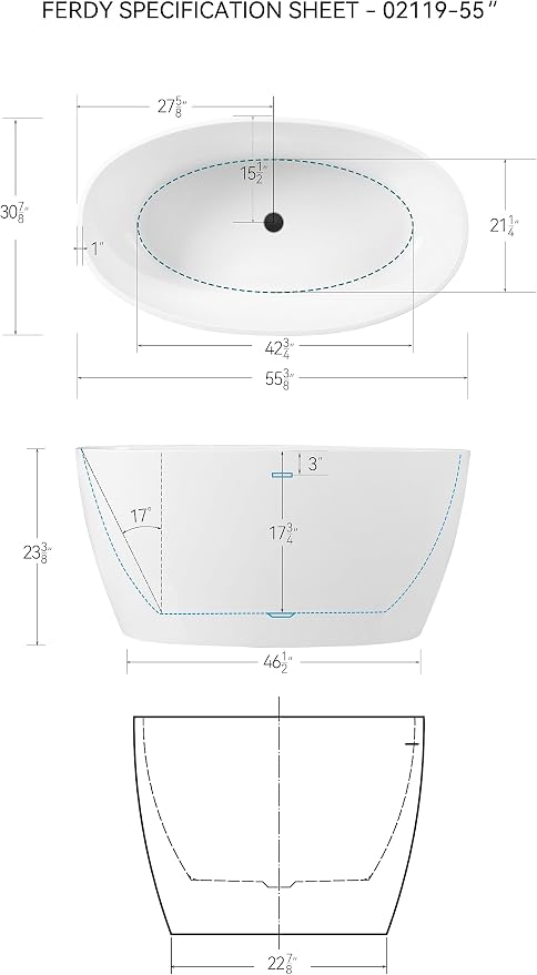 FerdY Tahiti 55" Acrylic Freestanding Bathtub, Elegant Oval Shape Soaking - Image 6