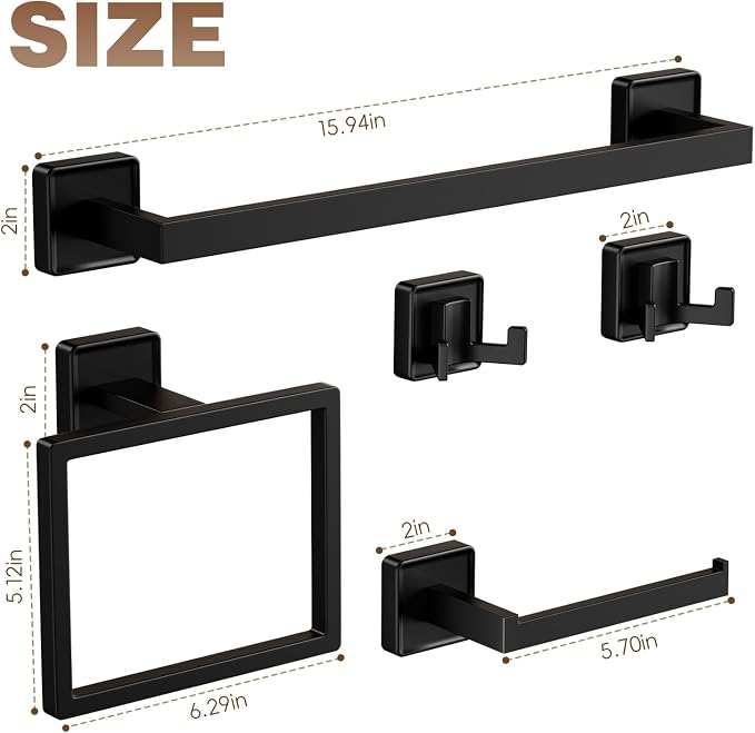 5-Pieces Matte Black Bathroom Hardware Accessories Set, SUS304 Stainless Steel - Image 3