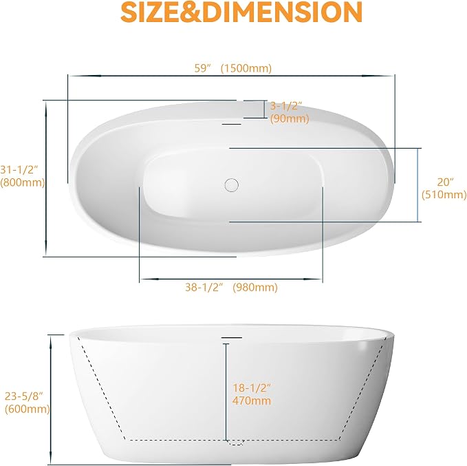 59" Acrylic Freestanding Bathtub, Tap Deck Bathtub, Stand Alone Tub, Soaking Tub - Image 9
