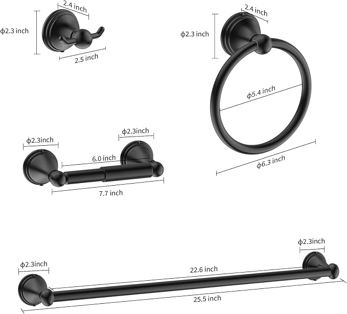 Newfun 8-Pieces Matte Black Bathroom Accessories Set Towel Racks - Image 6