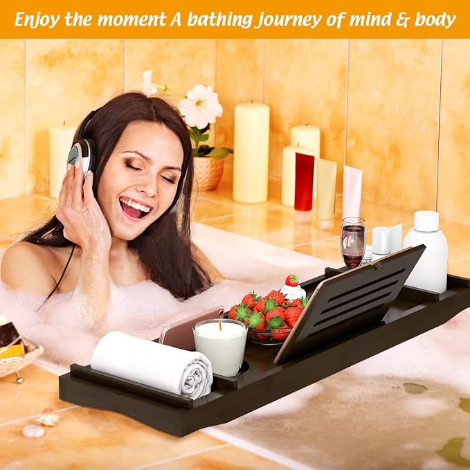 Bamboo Bathtub Tray for Luxury Bathroom, Expandable Premium Bath Tray w/Soap - Image 4