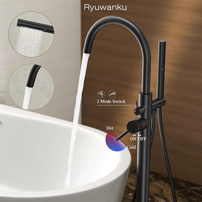Freestanding Bathtub Faucet Matte Black Tub Filler Floor Mount Free Standing - Image 4