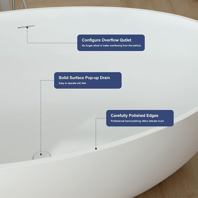 SJ STAR&JANE 67" x 39" Matte White Solid Surface Freestanding Bathtub, Oval - Image 4