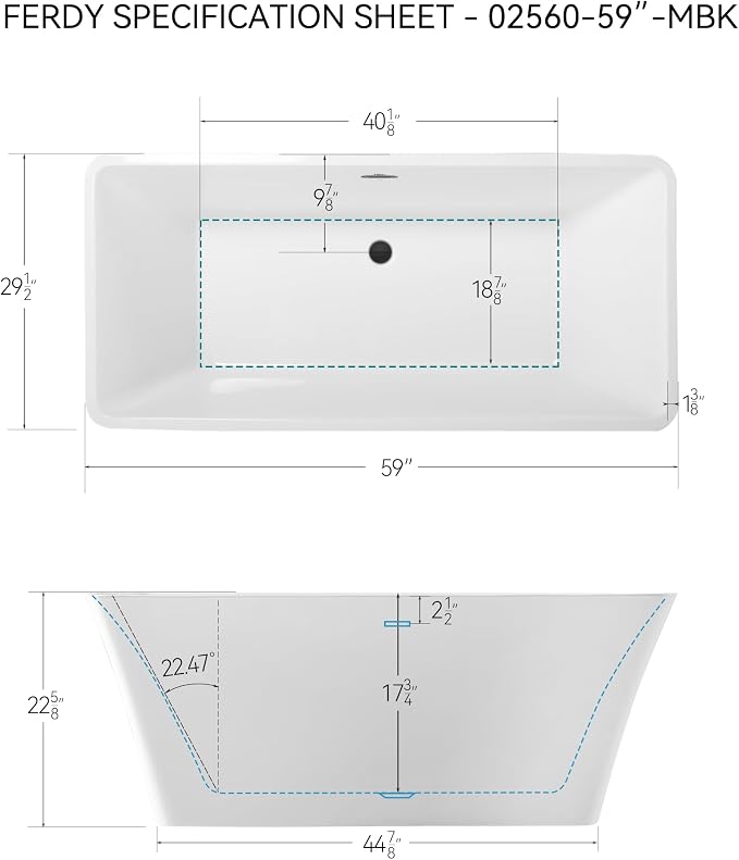 FerdY Sentosa 59" Acrylic Freestanding Bathtub, Contemporary Design Soaking Tub - Image 7
