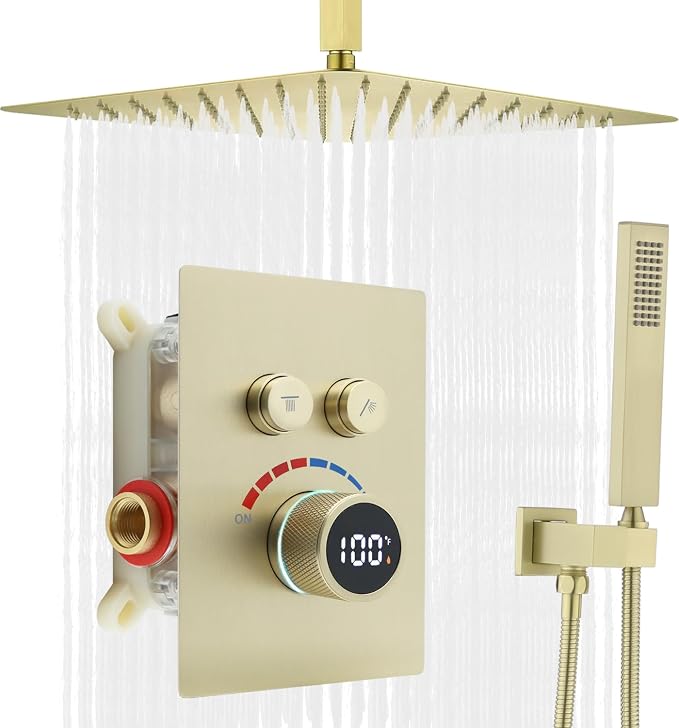 Digital Display Shower System Set 16 Inches Rain Fall Head Temperature Valve by Backnets