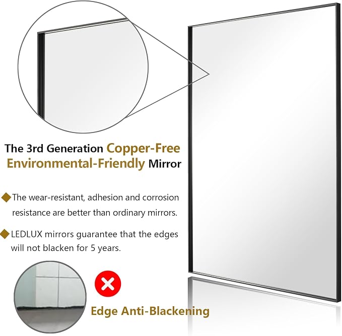 20x36 Inch Black Bathroom Mirror, Copper-Free Mirror, Aluminum Alloy Frame - Image 2