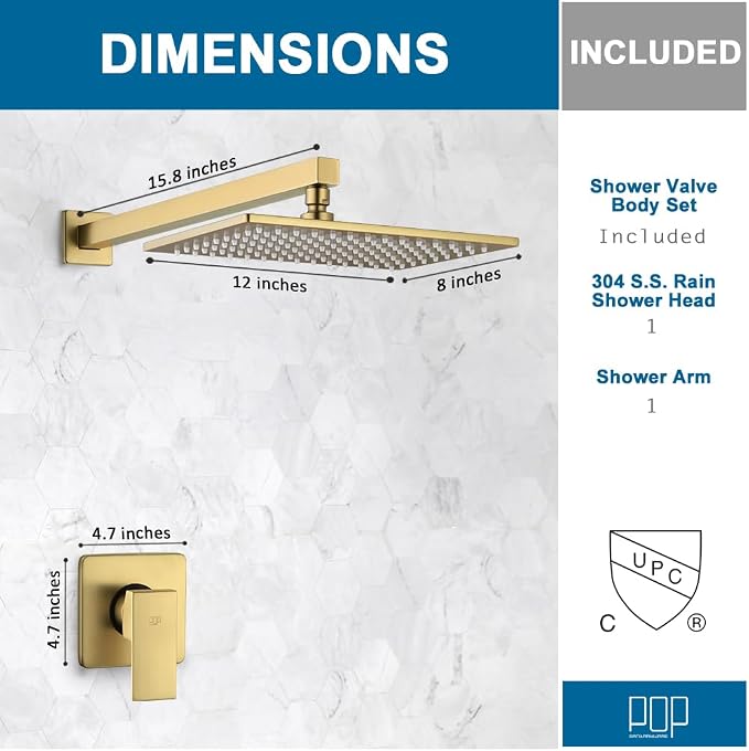 POP SANITARYWARE Shower Faucet Set Brushed Gold Bathroom Rainfall 12 Inch - Image 7