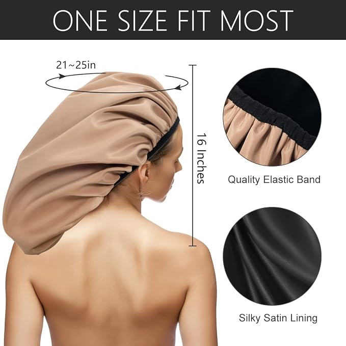 Auban Extra Large Shower Cap for Braids, Double-Layer Waterproof Reusable Satin - Image 2