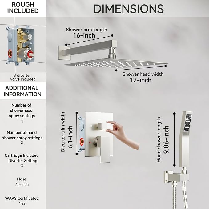 Rain Shower System Brushed Nickel, Starbath 12“ Rainfall Shower Head - Image 6