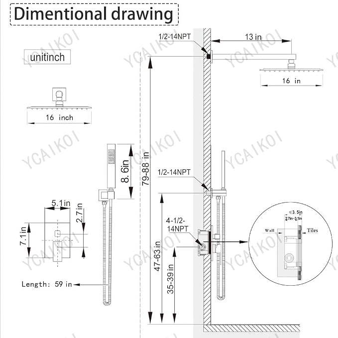 Shower Faucet Set 16 Inch Wall Mount Rain Shower System, All Metal Shower - Image 7