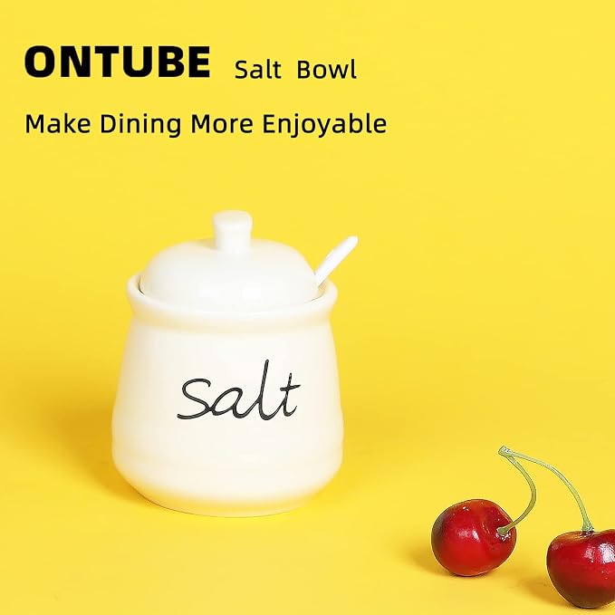 ONTUBE Ceramic Salt Bowl with Lid and Spoon 12oz - Image 8