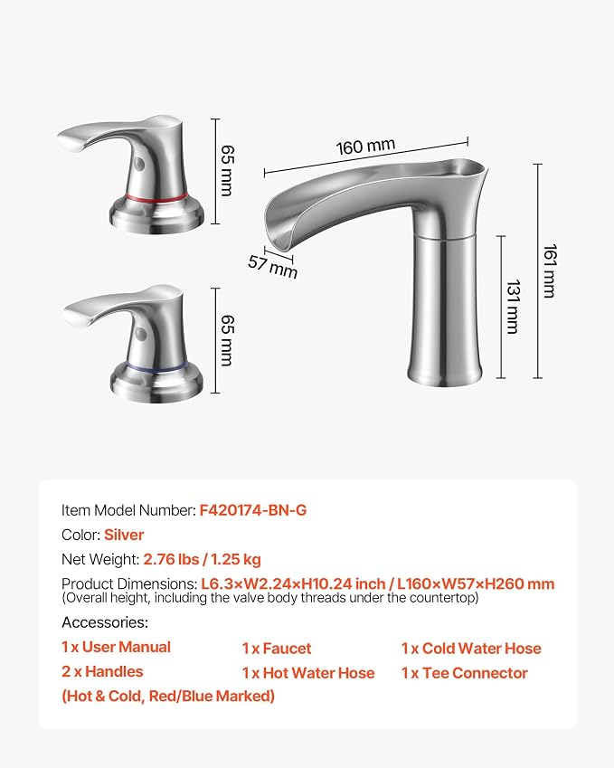 VEVOR Roman Tub Faucet, 3 Hole Waterfall Bathtub Faucet, Zinc Alloy Bath Tubs - Image 7